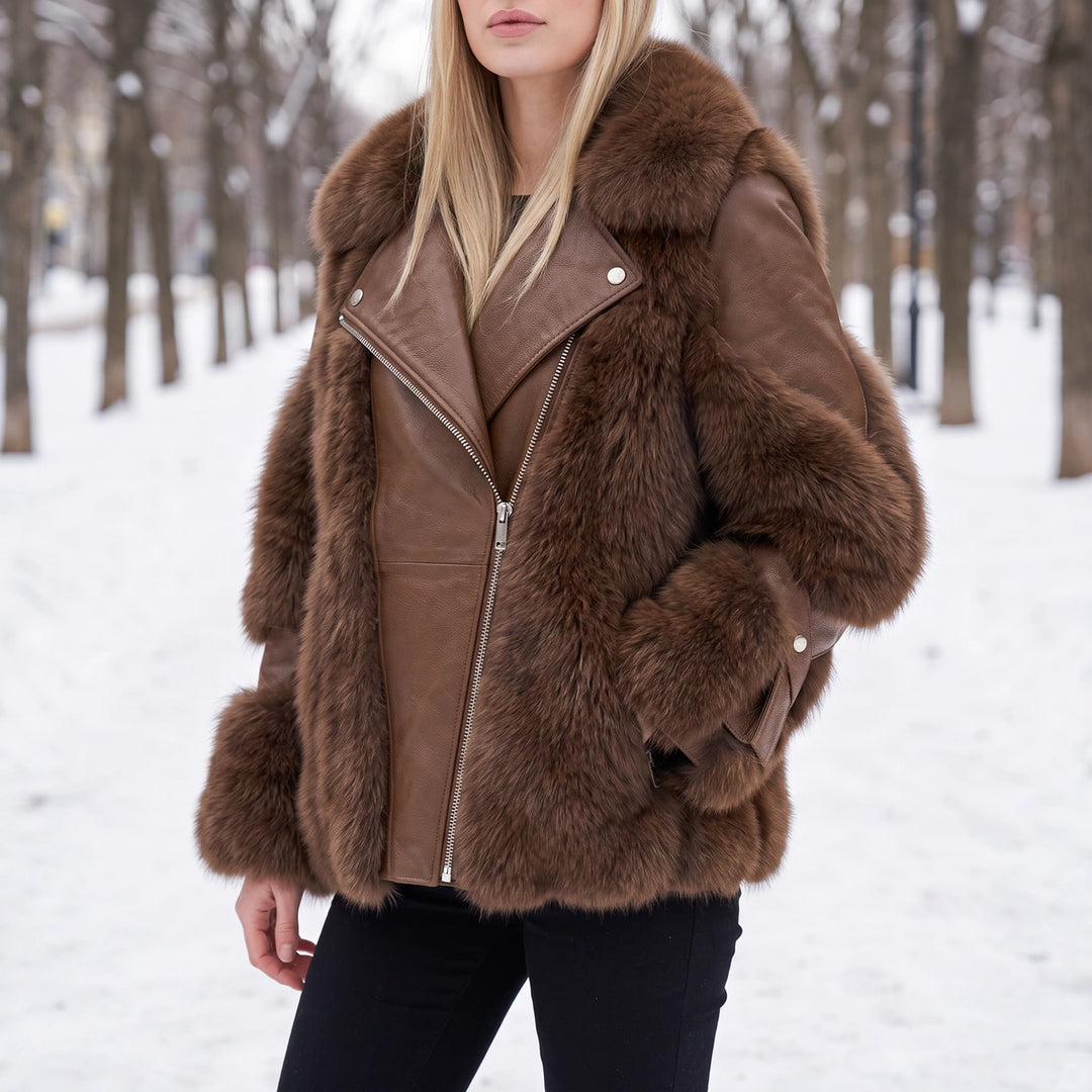 Leontine Faux Fur Panel Vegan Leather Biker Jacket - Brown