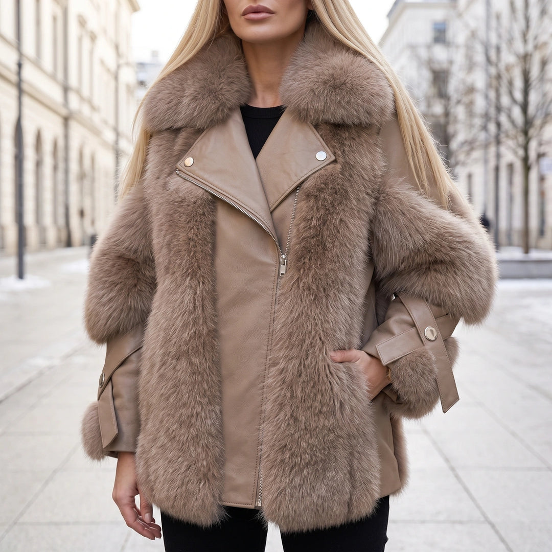 Leontine Faux Fur Panel Vegan Leather Biker Jacket - Light Brown