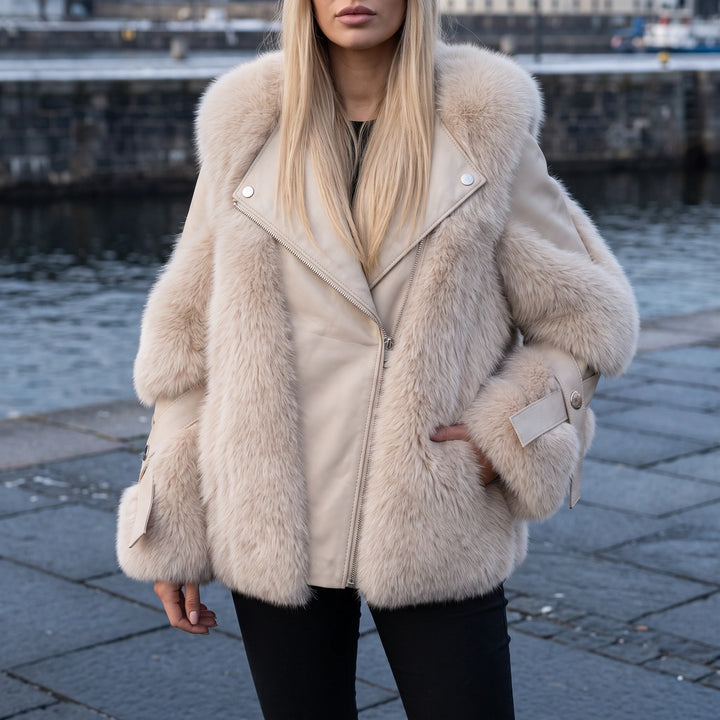 Leontine Faux Fur Panel Vegan Leather Biker Jacket - White