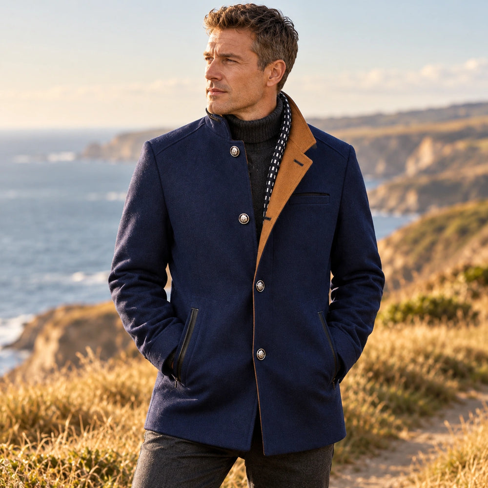 Leroy Wool Blend Removable Collar Pea Coat - Navy Blue