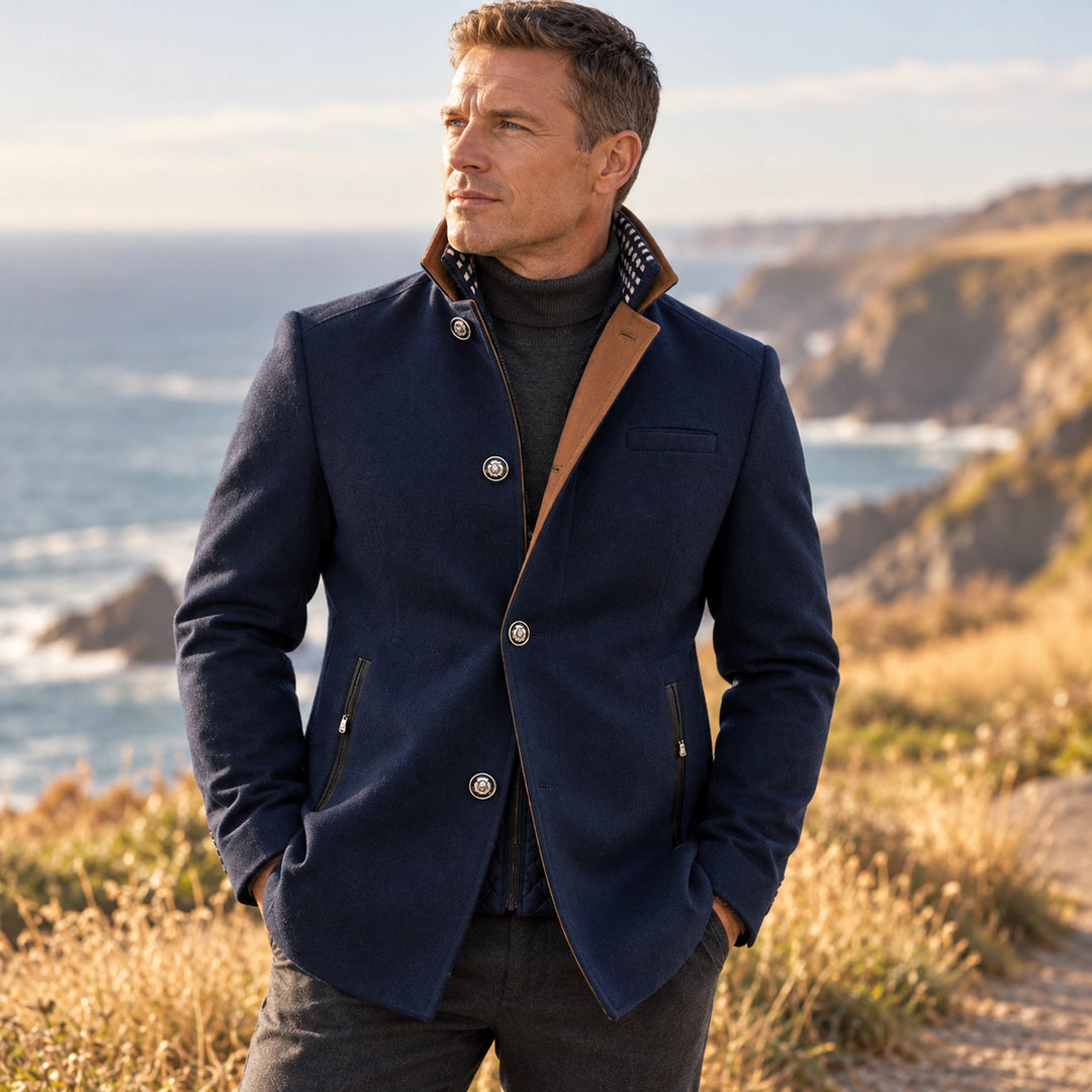 Leroy Wool Blend Removable Collar Pea Coat - Navy Blue