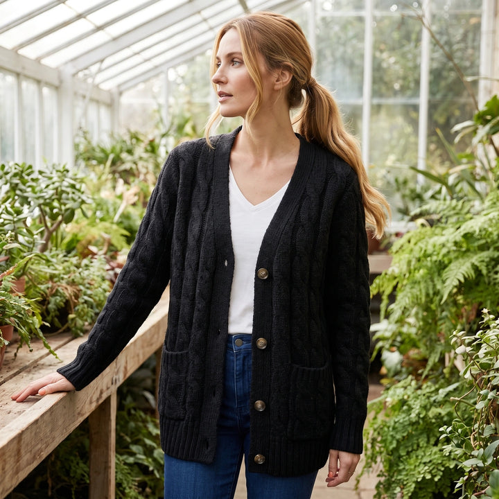 Liliana Chunky Cable Knit Button Cardigan - Black