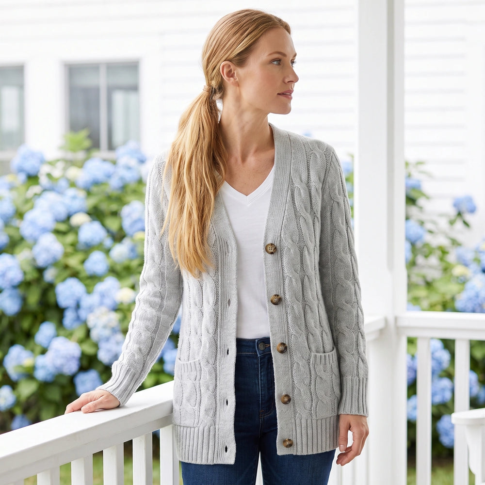 Liliana Chunky Cable Knit Button Cardigan - Gray