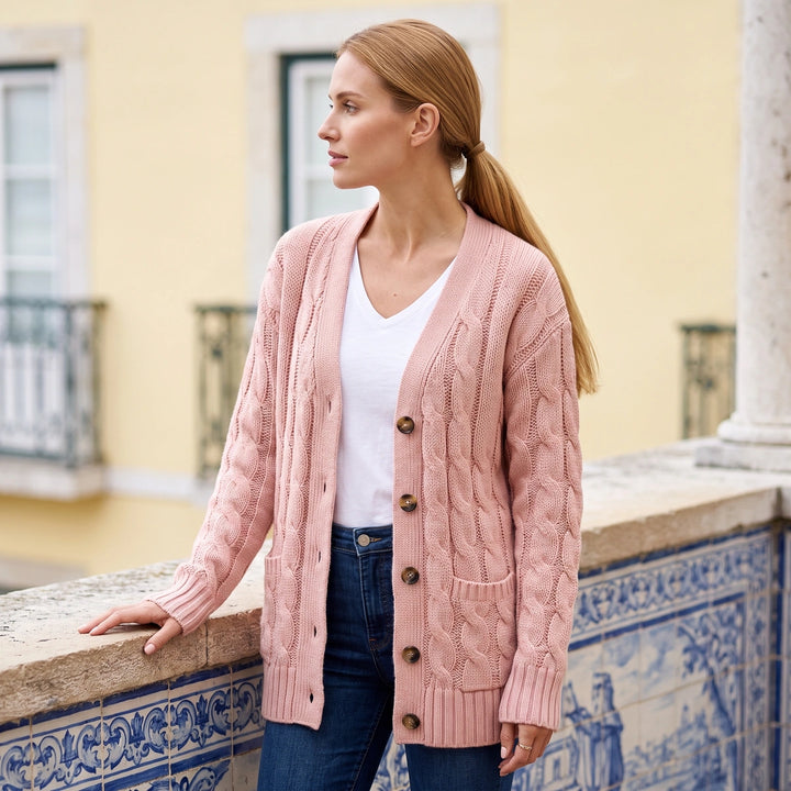 Liliana Chunky Cable Knit Button Cardigan - Pink