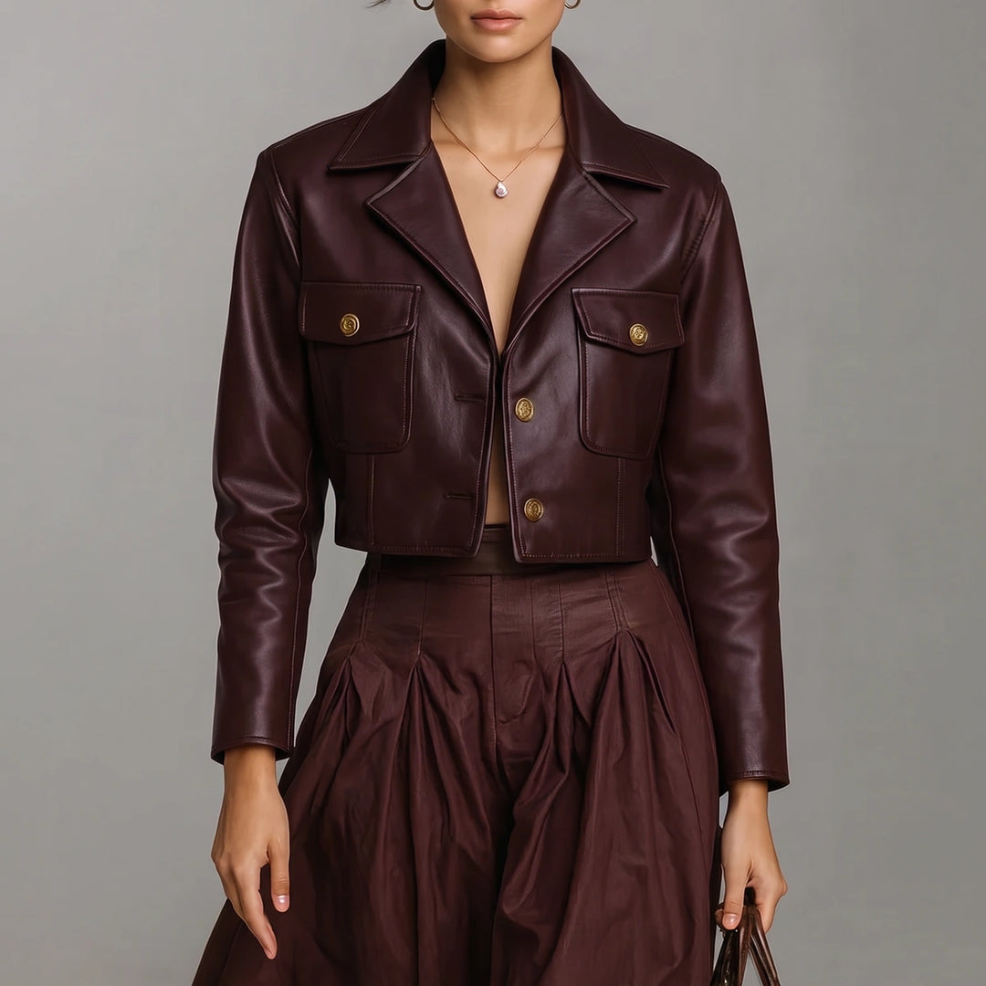 Linnet Cropped Leather Jacket - Burgundy