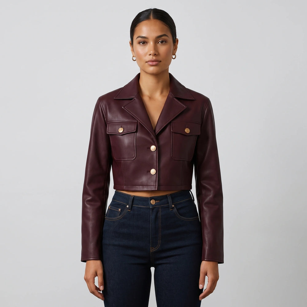 Linnet Cropped Leather Jacket - Burgundy
