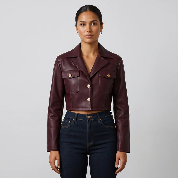 Linnet Cropped Leather Jacket - Burgundy