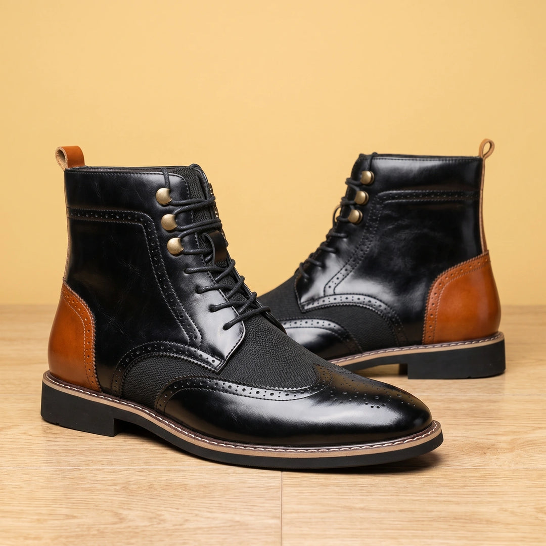 Lionel Two Tone Wingtip Brogue Boots - Black