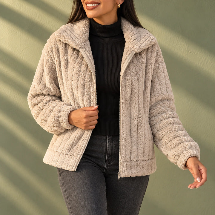 Lisa Fuzzy Ribbed Fleece Lapel Zip Jacket - Apricot