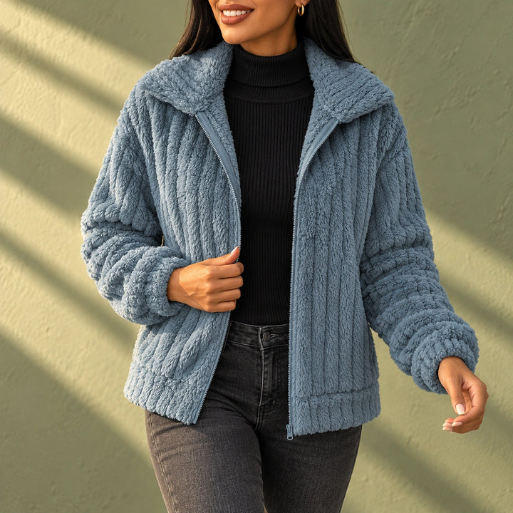 Lisa Fuzzy Ribbed Fleece Lapel Zip Jacket - Blue
