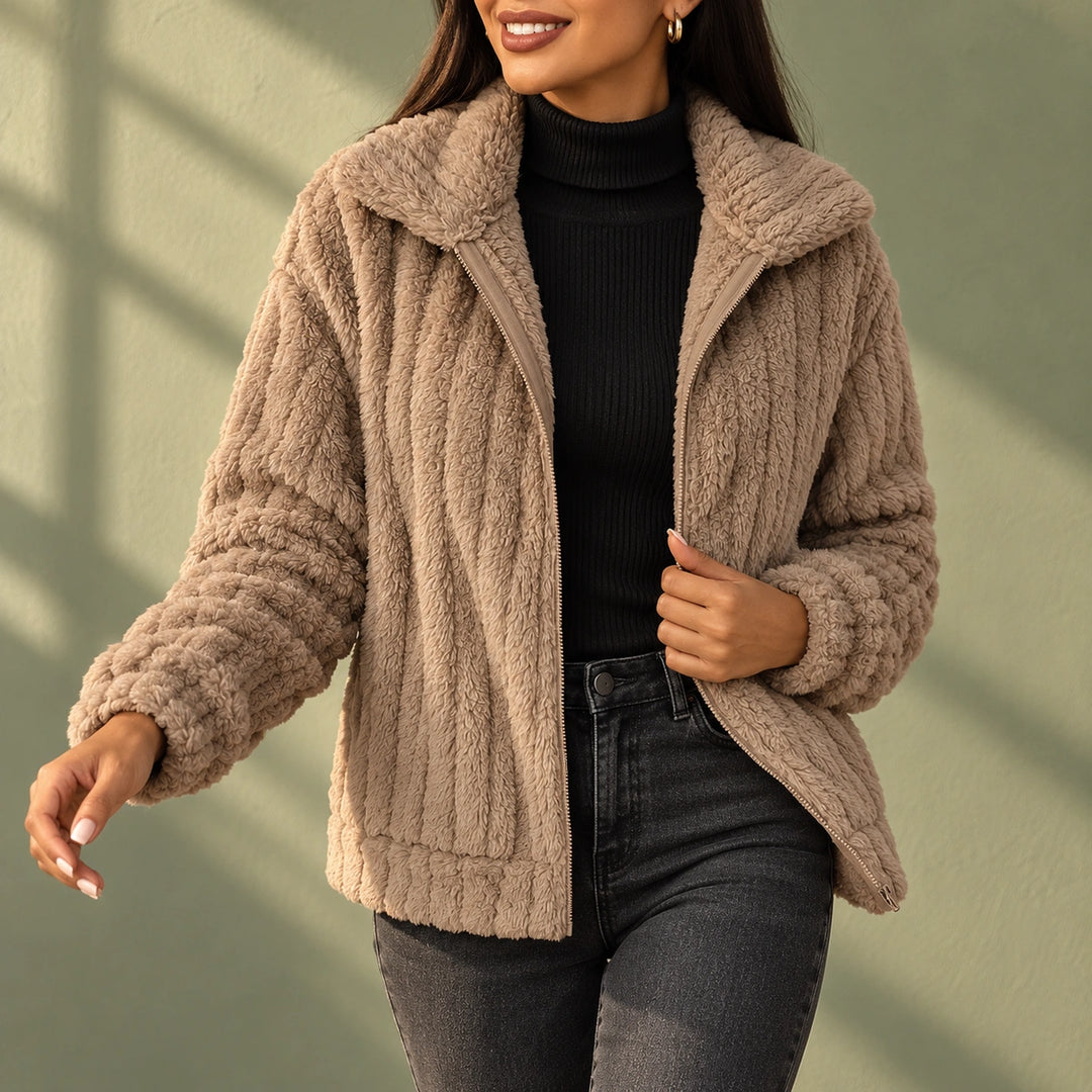 Lisa Fuzzy Ribbed Fleece Lapel Zip Jacket - Khaki