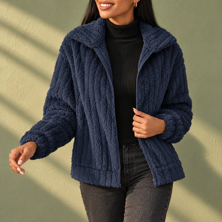Lisa Fuzzy Ribbed Fleece Lapel Zip Jacket - Navy Blue