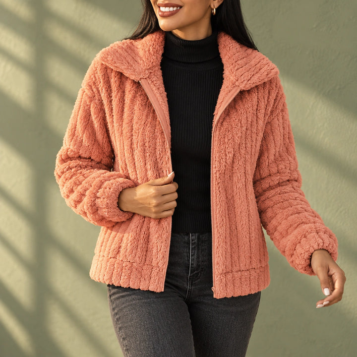 Lisa Fuzzy Ribbed Fleece Lapel Zip Jacket - Rose