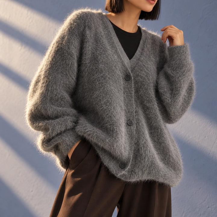 Lois Brushed Fuzzy Knit Oversized Cardigan - Dark Gray