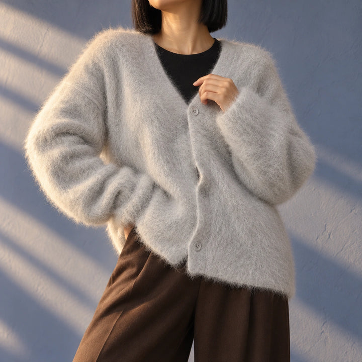 Lois Brushed Fuzzy Knit Oversized Cardigan - Light Gray