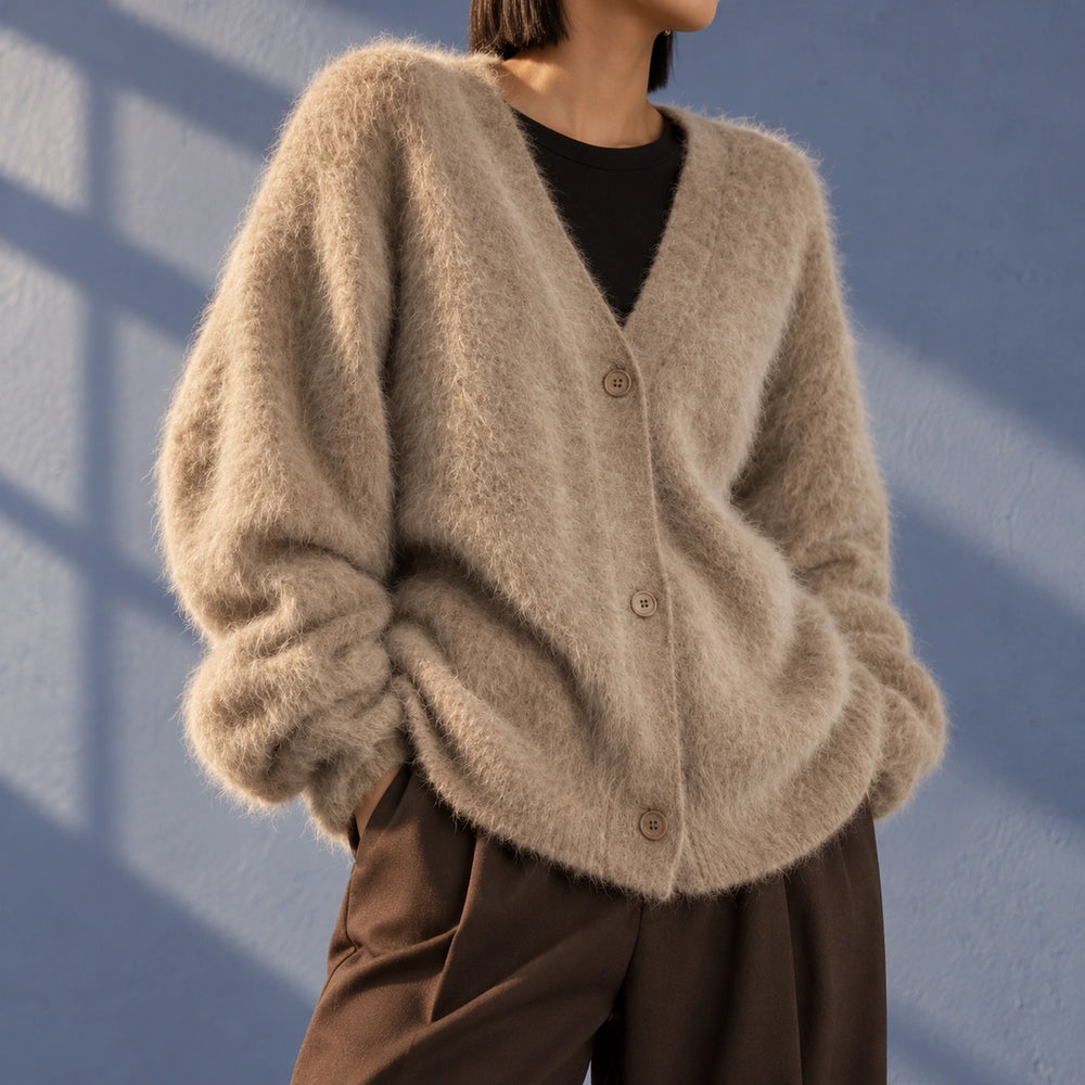 Lois Brushed Fuzzy Knit Oversized Cardigan - Taupe