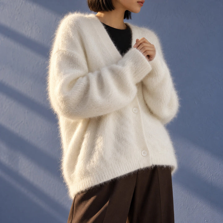 Lois Brushed Fuzzy Knit Oversized Cardigan - White