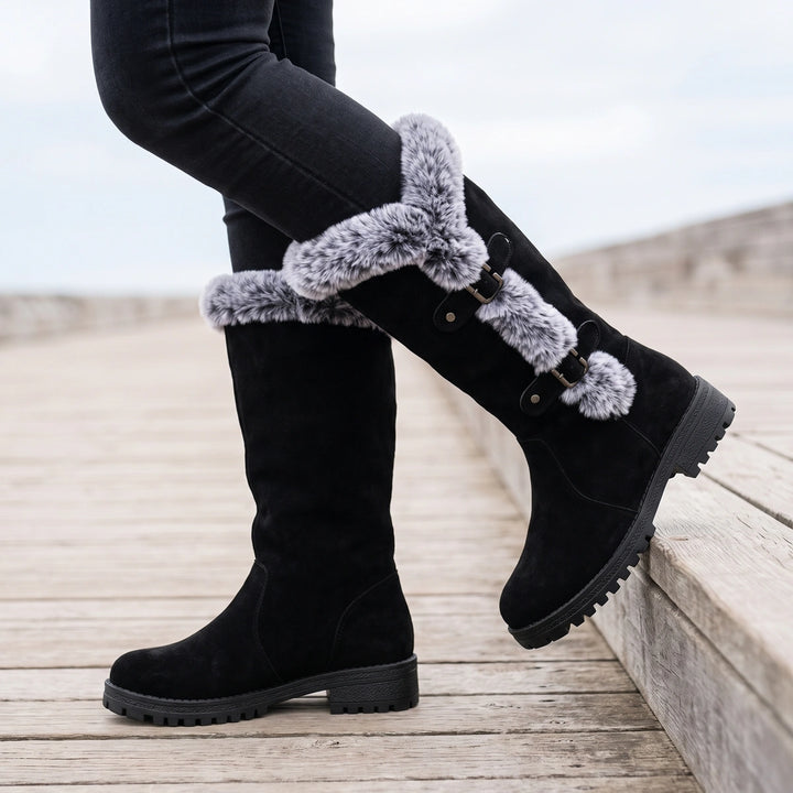 Lorelei Fur Trim Buckle Knee Boots - Black