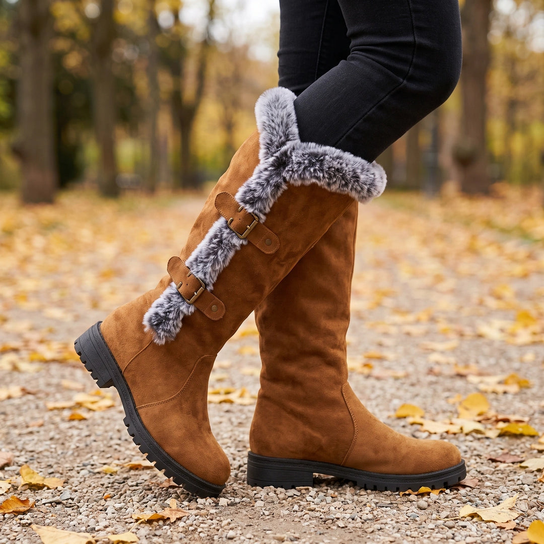 Lorelei Fur Trim Buckle Knee Boots - Tan