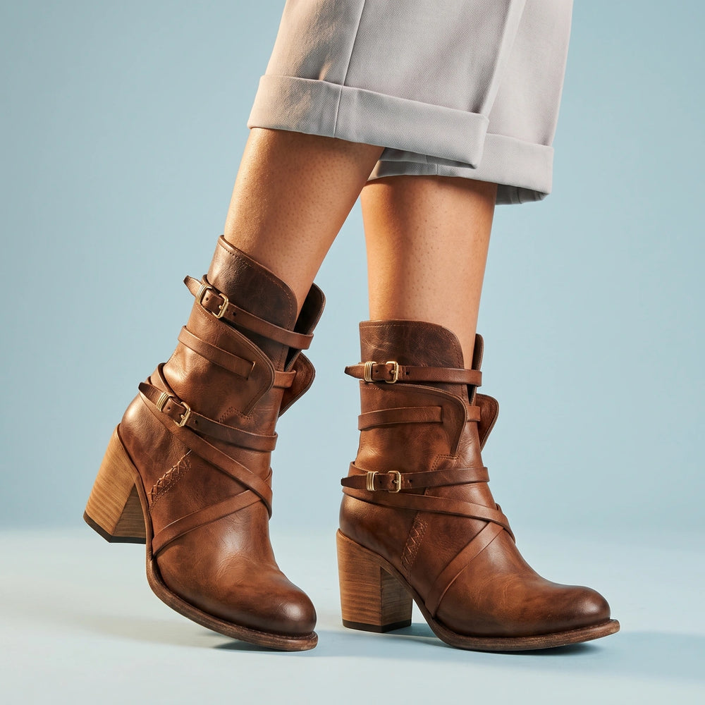 Lorena Distressed Strap Leather Ankle Boots - Brown