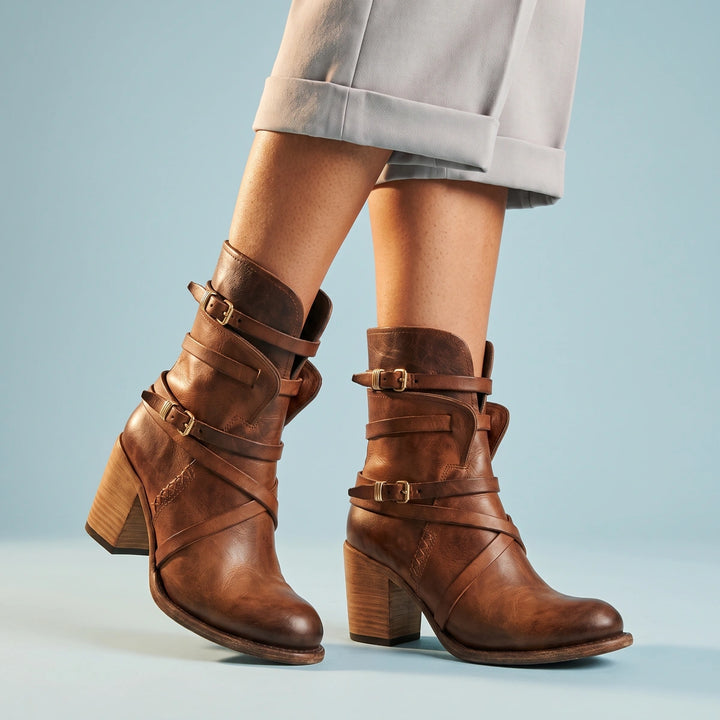 Lorena Distressed Strap Leather Ankle Boots - Brown