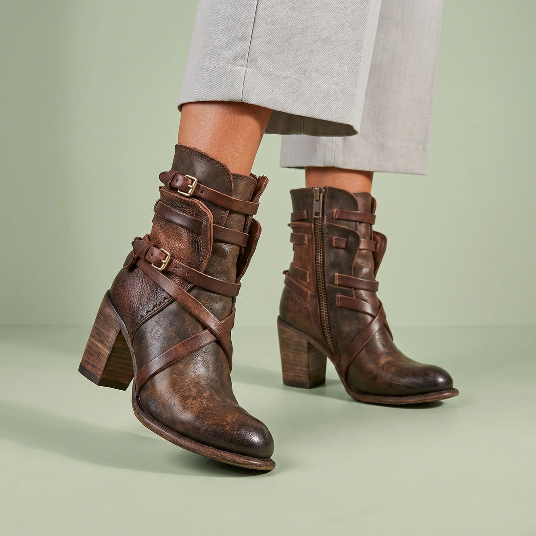 Lorena Distressed Strap Leather Ankle Boots - Dark Brown