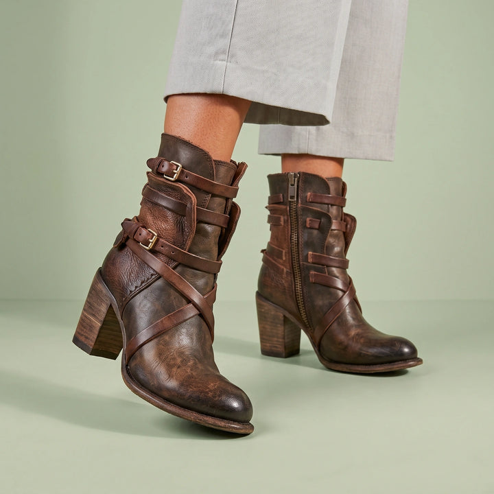 Lorena Distressed Strap Leather Ankle Boots - Dark Brown