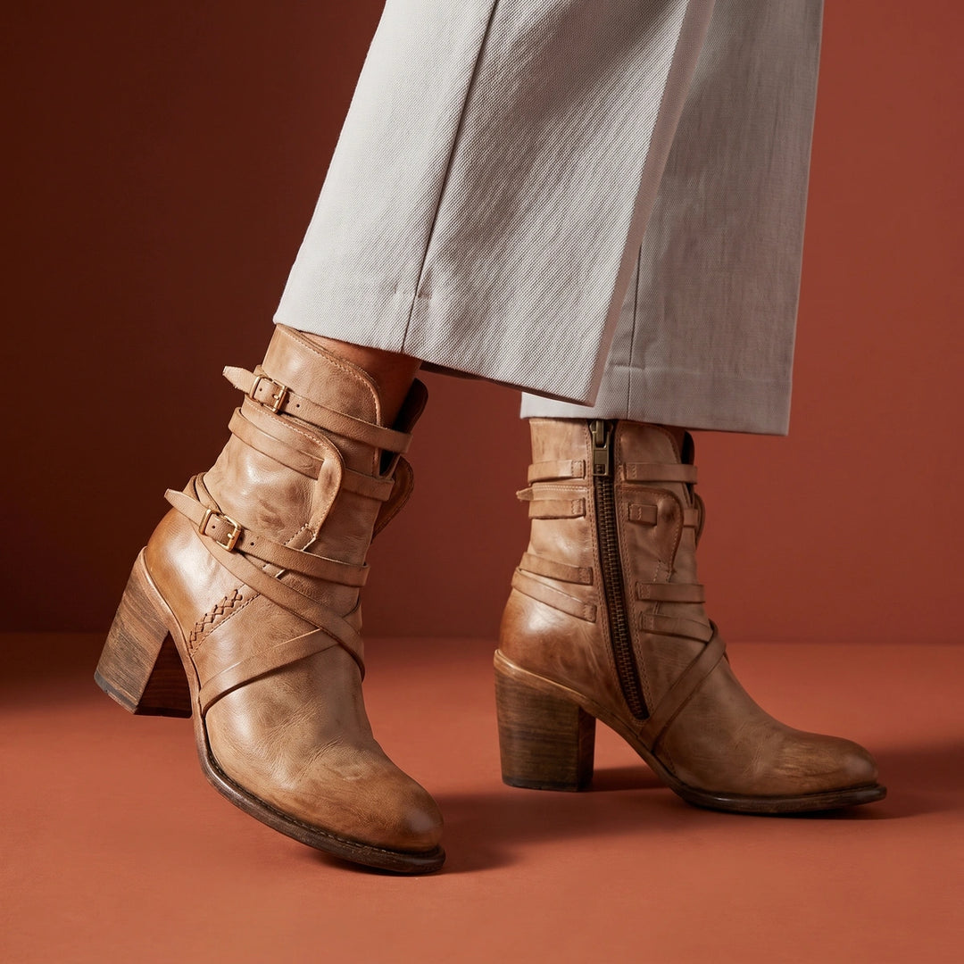 Lorena Distressed Strap Leather Ankle Boots - Light Brown