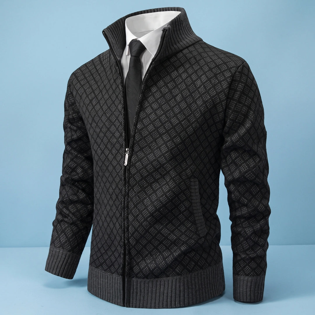 Louis Diamond Knit Full Zip Cardigan - Black