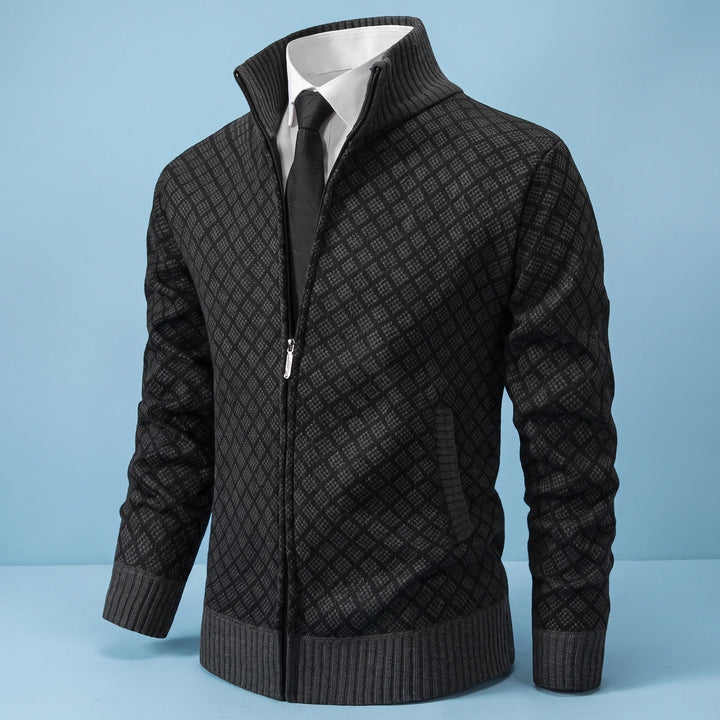 Louis Diamond Knit Full Zip Cardigan - Black