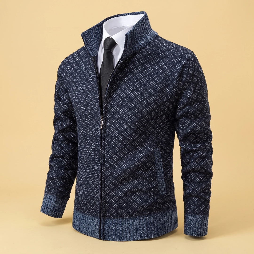 Louis Diamond Knit Full Zip Cardigan - Blue