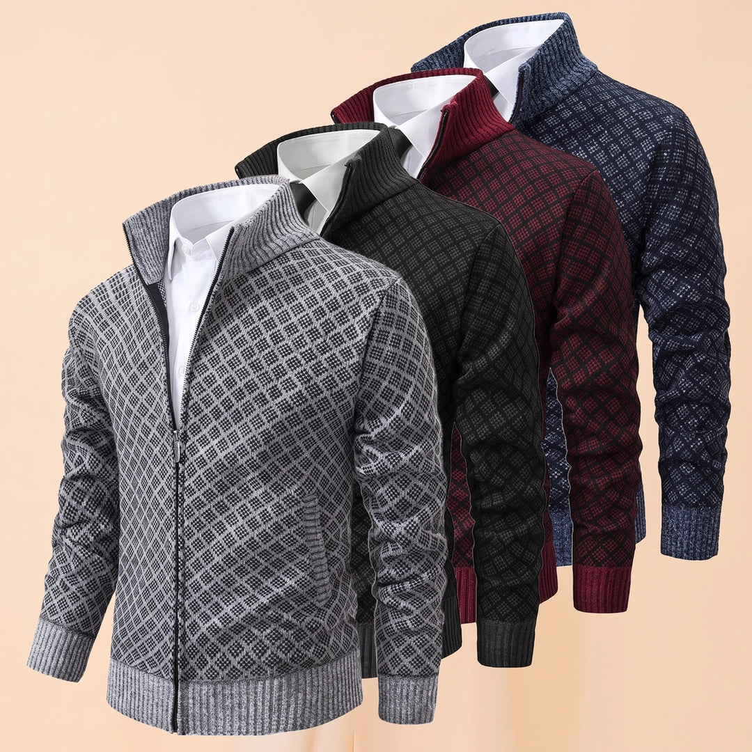 Louis Diamond Knit Full Zip Cardigan - Gray