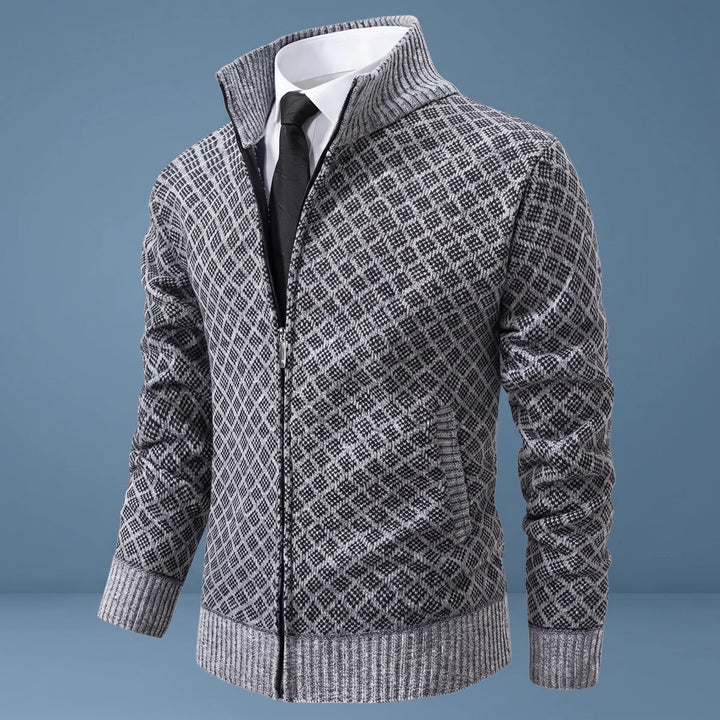 Louis Diamond Knit Full Zip Cardigan - Gray