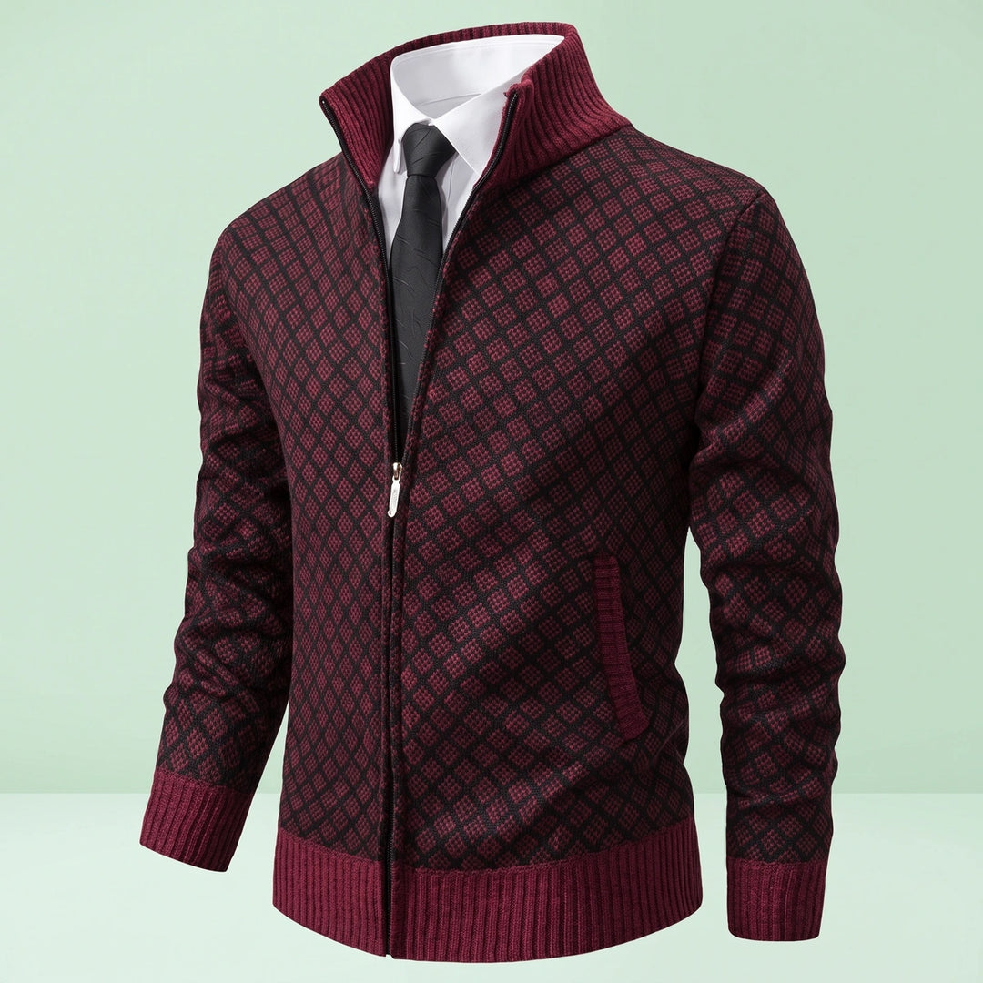 Louis Diamond Knit Full Zip Cardigan - Wine