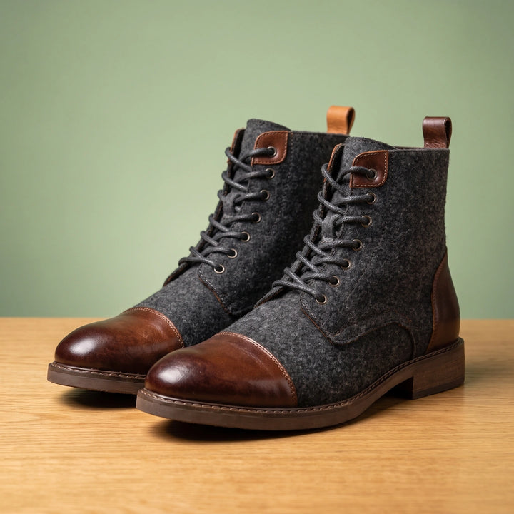 Lowell Wool Panel Cap Toe Boots - Brown