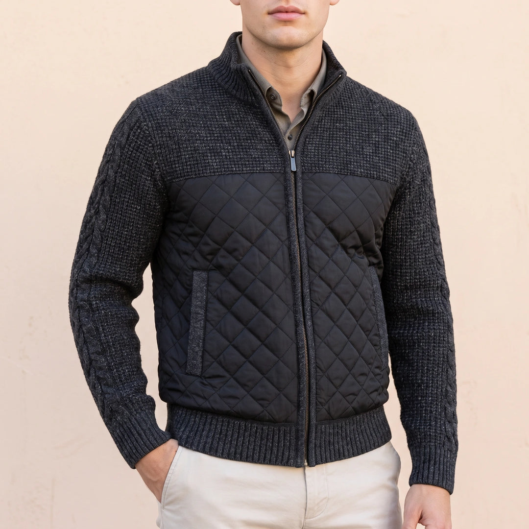 Lucan Textured Wool Quilted Front Zip Jacket - Black