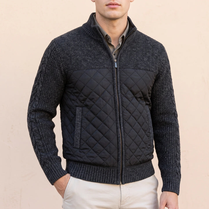Lucan Textured Wool Quilted Front Zip Jacket - Black