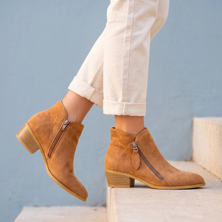 Lucilla Orthopedic Side Zip Block Heel Booties - Cognac