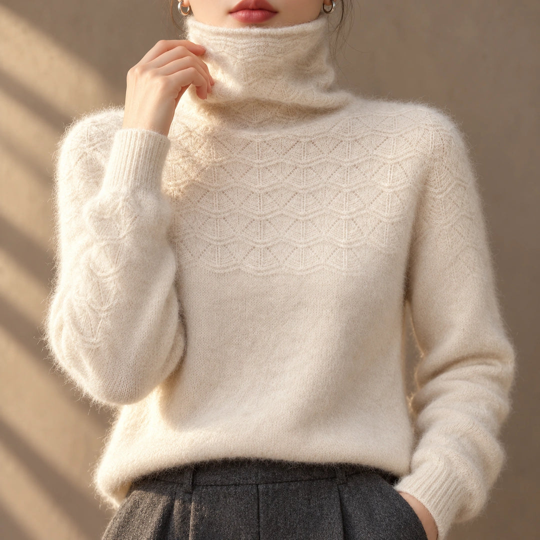 Lucy Openwork Pointelle Cashmere Turtleneck - Beige