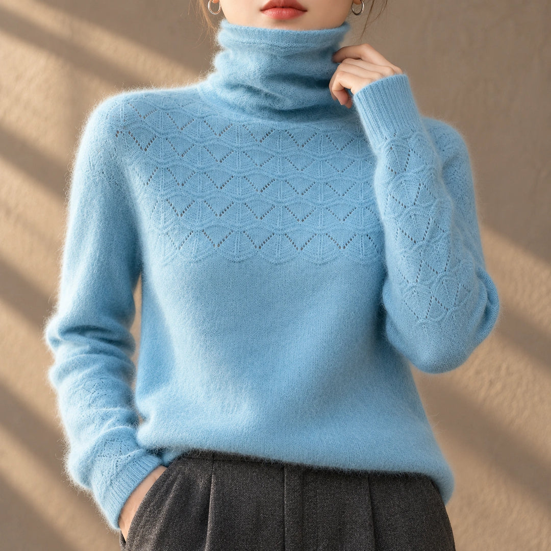 Lucy Openwork Pointelle Cashmere Turtleneck - Light Blue