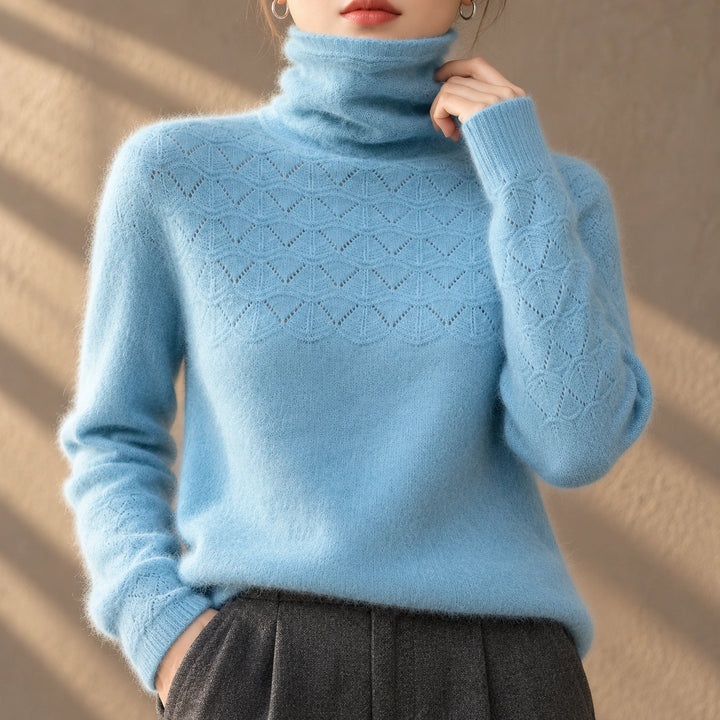 Lucy Openwork Pointelle Cashmere Turtleneck - Light Blue