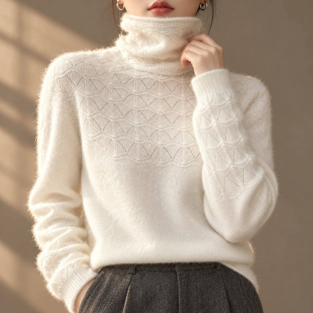 Lucy Openwork Pointelle Cashmere Turtleneck - White
