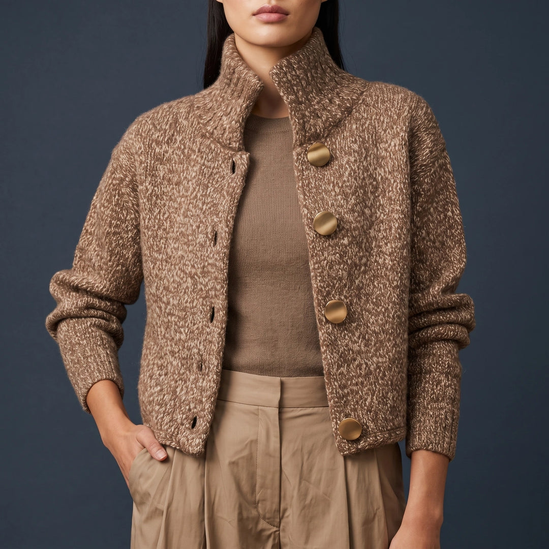 Ludovica Marled Knit Stand Collar Cropped Jacket - Brown