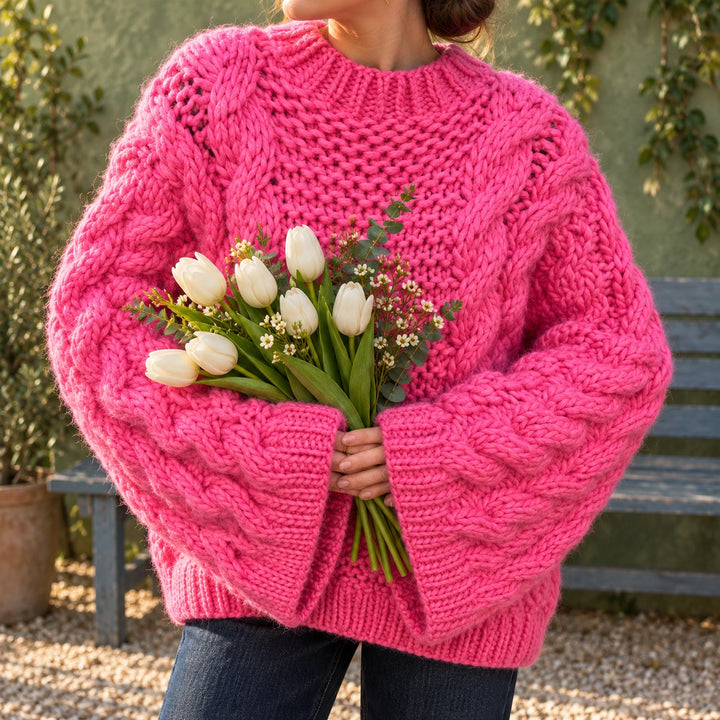 Luna Chunky Cable Knit Oversized Sweater - Pink