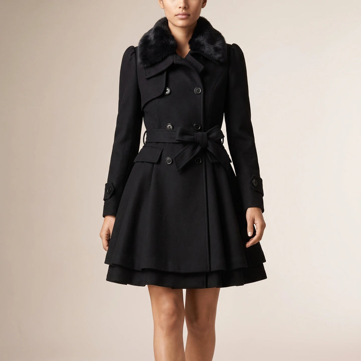 Lydia Belted Fit and Flare Wool Coat - Black