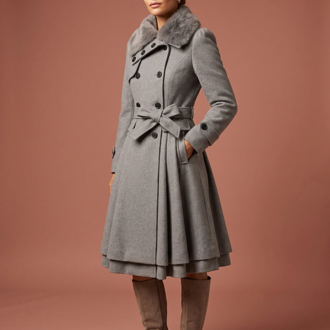 Lydia Belted Fit and Flare Wool Coat - Gray