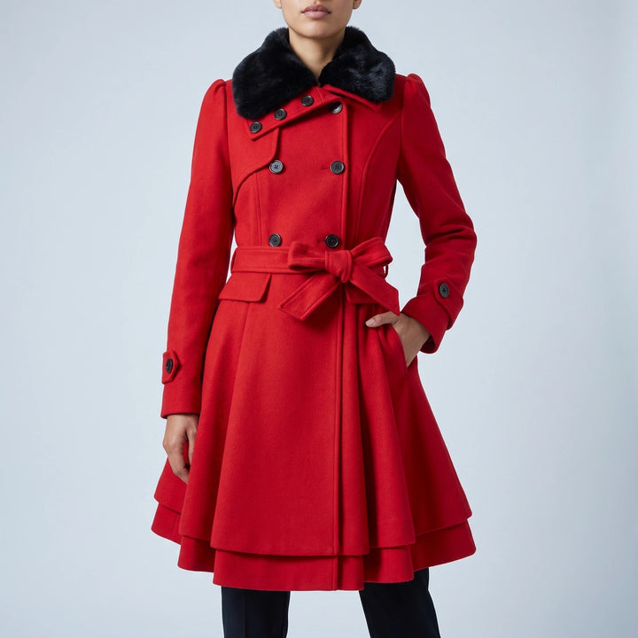 Lydia Belted Fit and Flare Wool Coat - Red