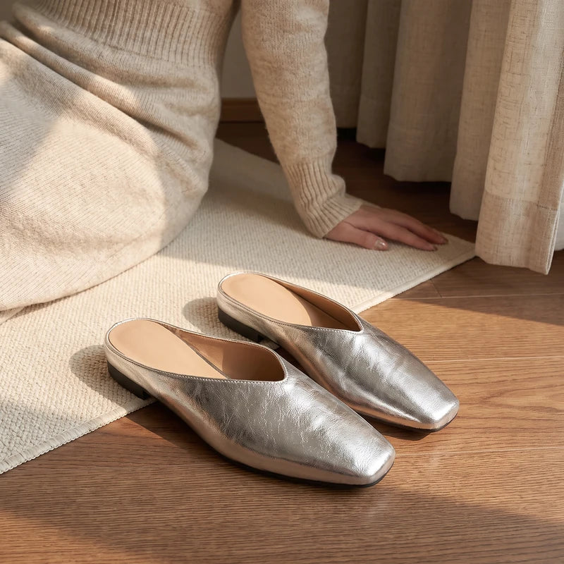 Zelda Women's Metallic Square Toe Mules - Silver