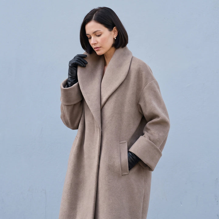 Magdalena Wool Blend Oversized Shawl Collar Coat - Taupe