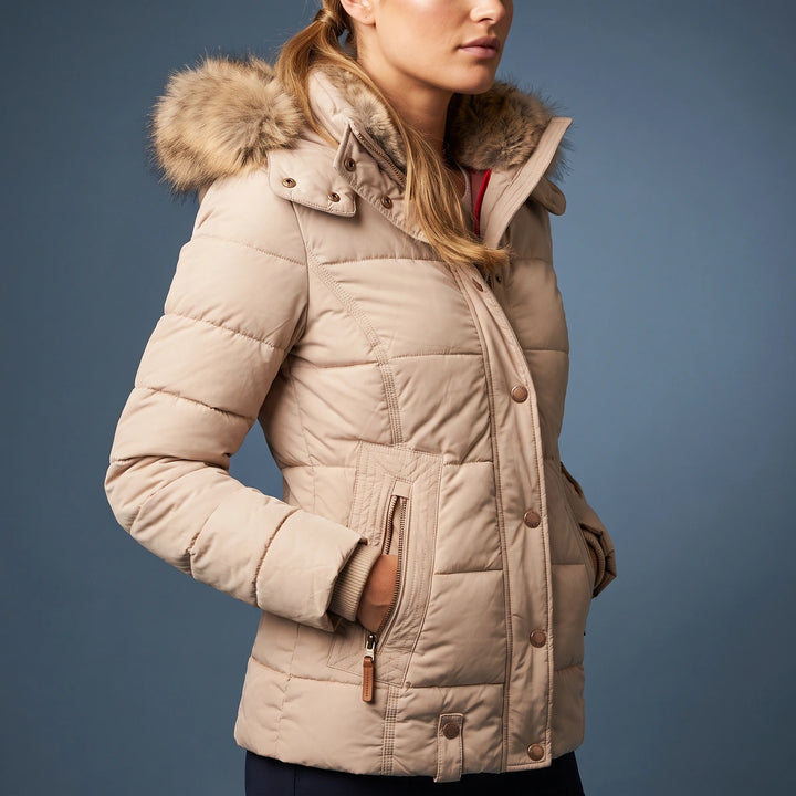 Magnolia Fur Trim Hooded Puffer Jacket - Beige